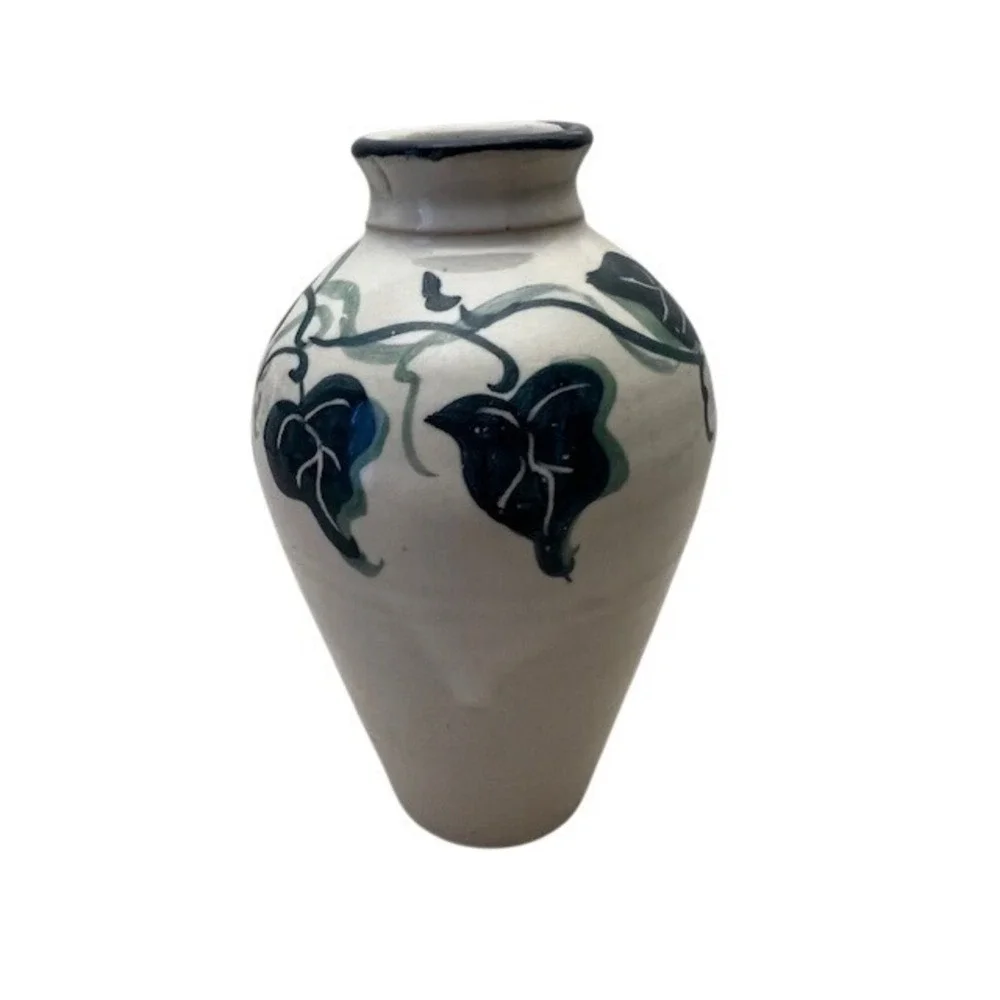 Vintage Cagle Road Pottery‎ Signed Ivy Leaf Vase Hand Painted Cream Green 1995